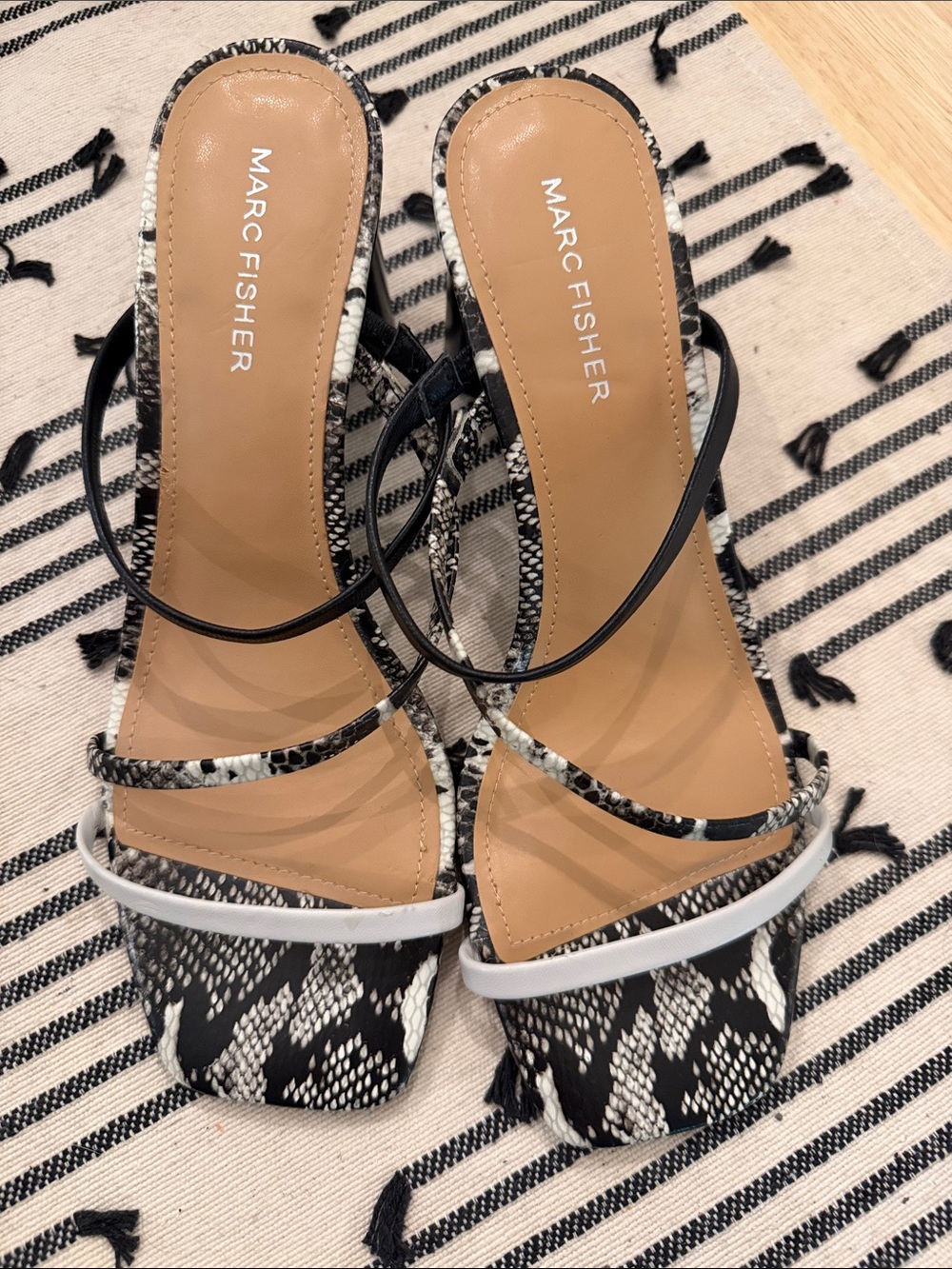 Marc Fisher Black & White Snake-Print Strappy Heels